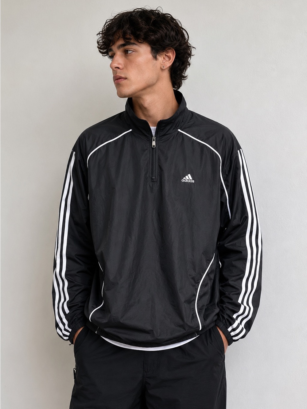 Adidas Men’s XL Black 1/4 Zip Windbreaker Pullover Jacket 3 Stripe Athletic